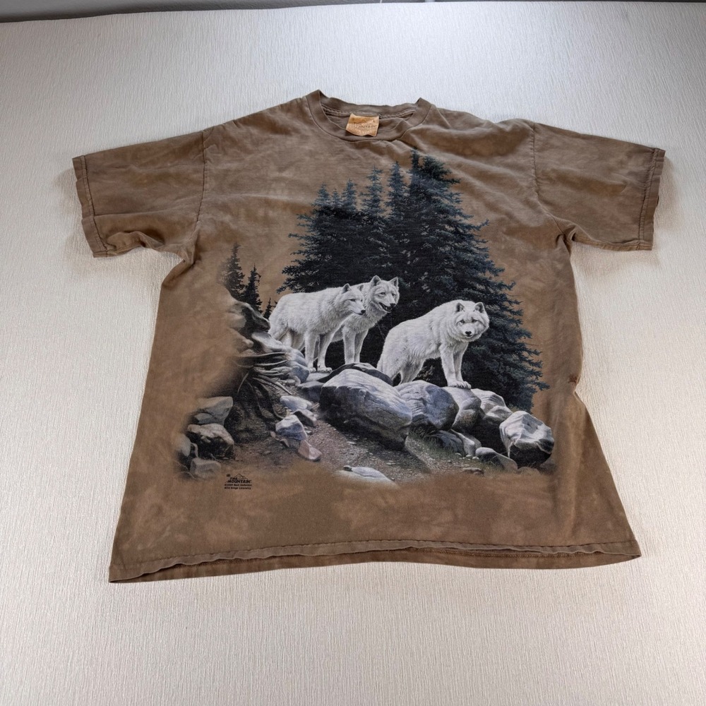 Vintage 2000 The Mountain White Wolf Graphic T-Shirt Brown Tie Dye Large 0713